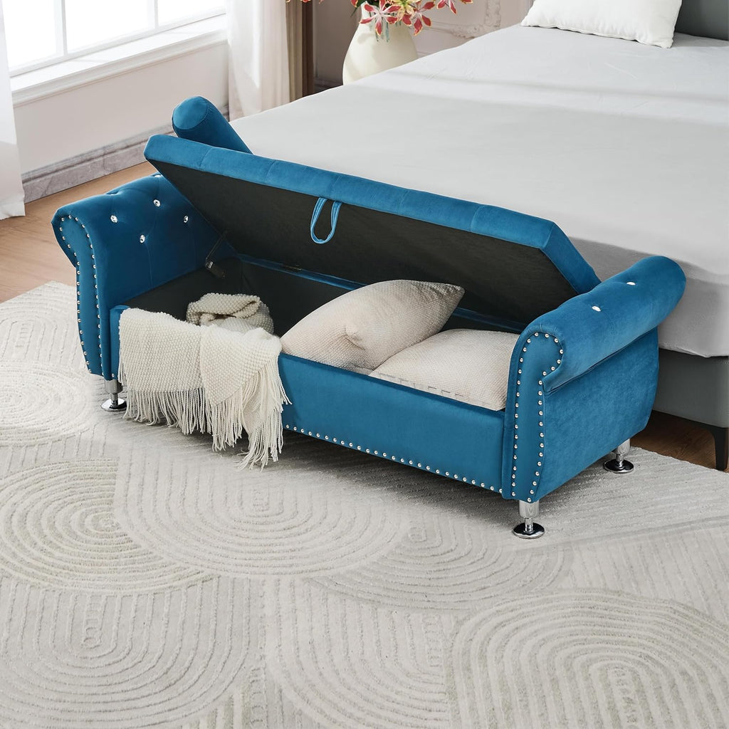 62.2-Inch Soft Velvet Storage Ottoman with Crystal Accents & Cushion, Ideal for Home Decor (Blue)