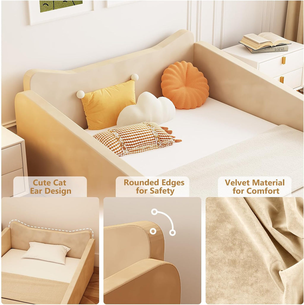 JOYMOR Toddler Bed, Floor Bed with Safety Guadrail, Montessori Toddler Bed with Animal Ear Shapes, Soft Velvet Wood Bed for Infant, Kids, Mattress not Included (Beige)