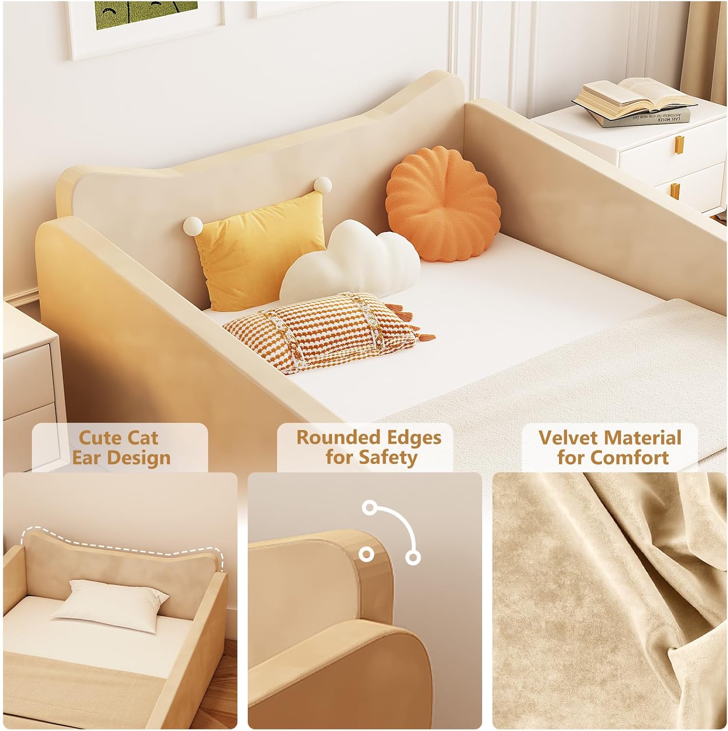 JOYMOR Toddler Bed, Floor Bed with Safety Guadrail, Montessori Toddler Bed with Animal Ear Shapes, Soft Velvet Wood Bed for Infant, Kids, Mattress not Included (Beige)