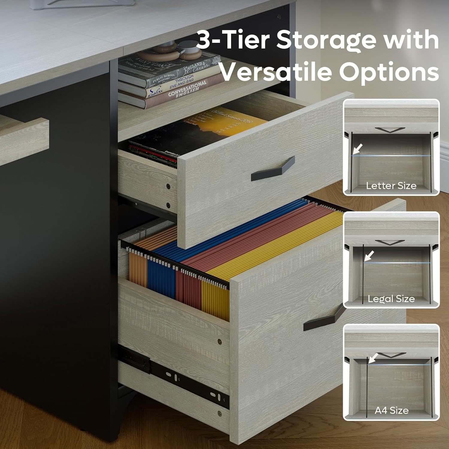 Bestier Office Desk with Drawers, 55 inch Industrial Computer Desk with Storage, Wood Teacher Desk with Keyboard Tray & File Drawer for Home Office, Wash White