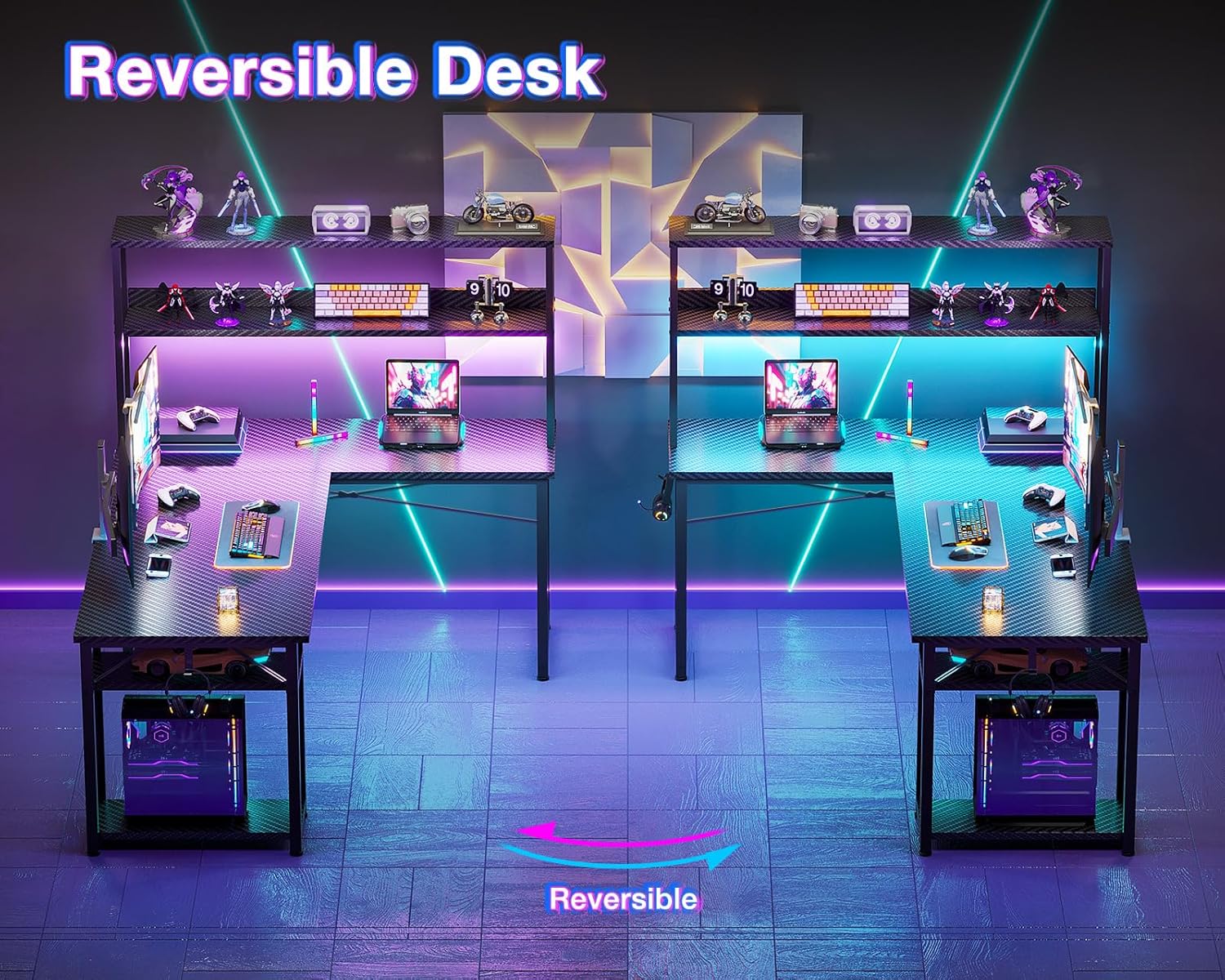 ODK 53" L Shaped Gaming Desk with Hutch & Headphone Hook, Corner Computer Table with Storage Shelves for Home Office, Black