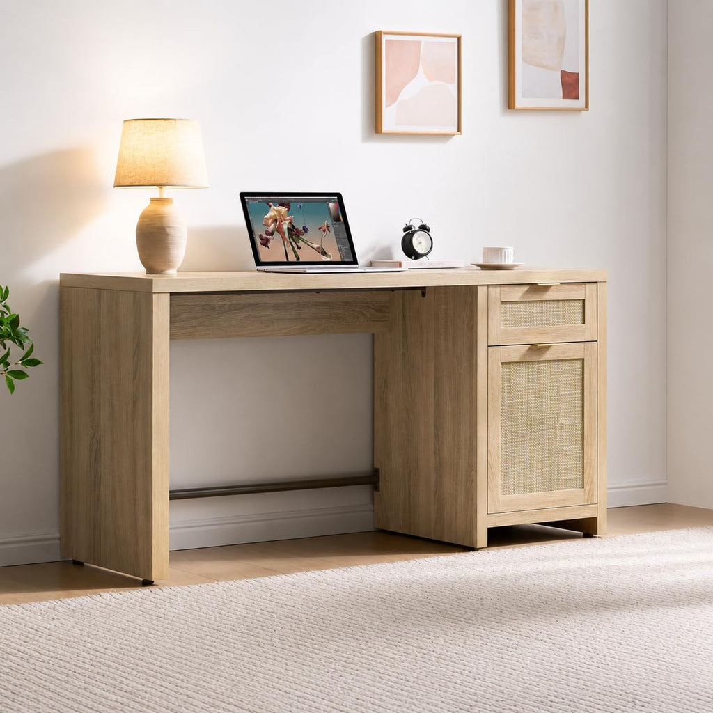 SICOTAS Rattan Home Office Desk with Drawer, 59" Farmhouse Boho Executive Desk with Storage Cabinet, Large Computer Writing Table Vanity Desk for Office, Study, Living Room, Light Oak