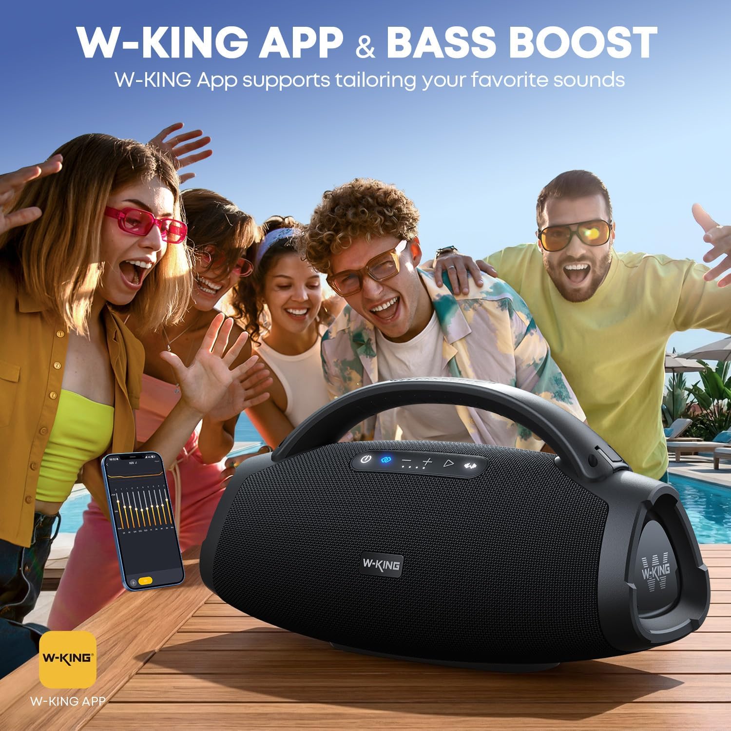 330W PEAK Loudest Boom Box, 7.5" Subwoofer/2.1Ch/IPX7 Waterproof, 200W RMS Party Large Bluetooth Speaker Wireless with 2 Woofers/DSP/BT5.4/APP/Fast Charge/OTG/AUX/Guitar-in, Massive Bass for Outdoors