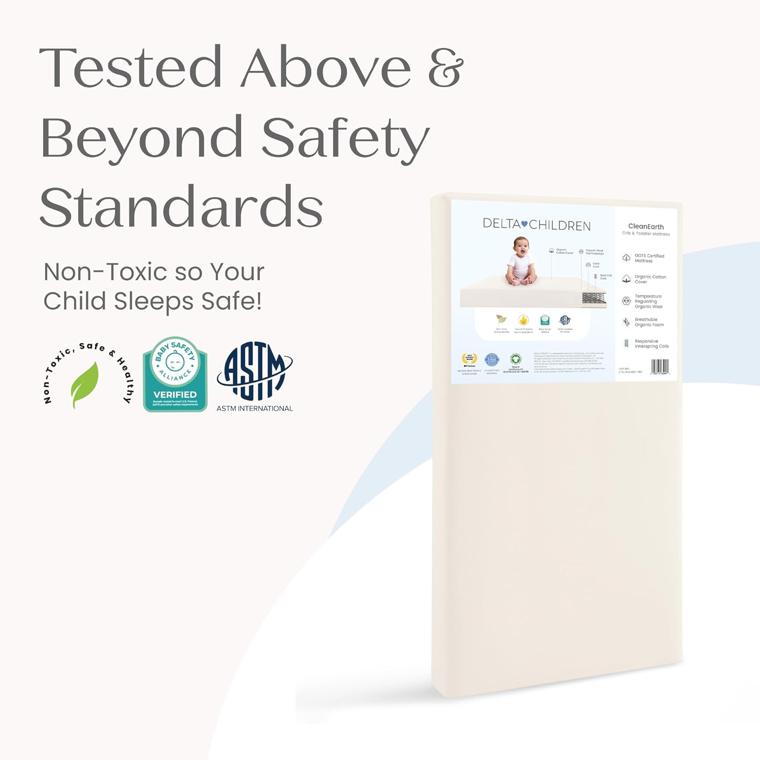 Delta Children CleanEarth Certified Organic Crib and Toddler Mattress – GOTS Certified, Non-Toxic Breathable Baby Mattress - Regulates Temperature, 10-Year Warranty