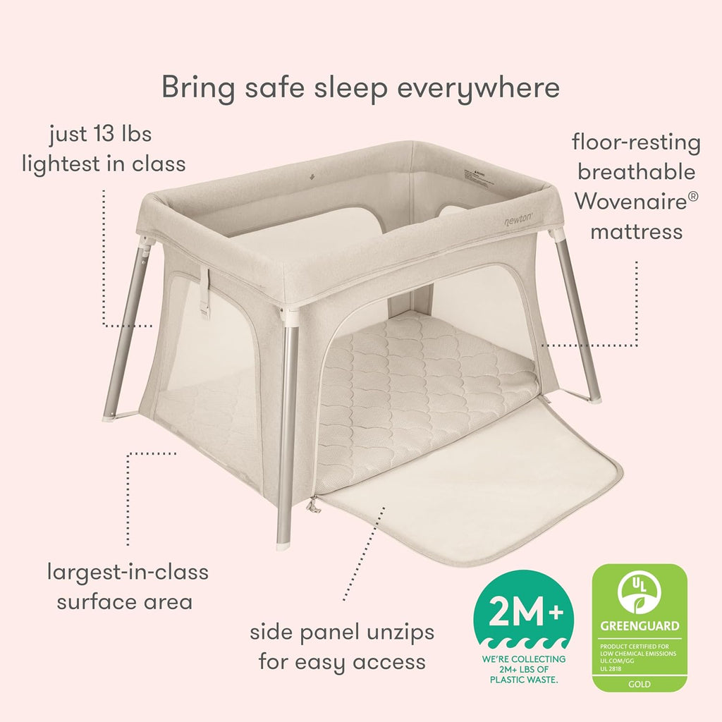 Newton Baby Compact Travel Crib & Play Yard | Breathable & Washable Mattress, Foldable Carry-On Size, Backpack Straps, Sand, Newton Bassinet Attachment NOT Included or Compatible