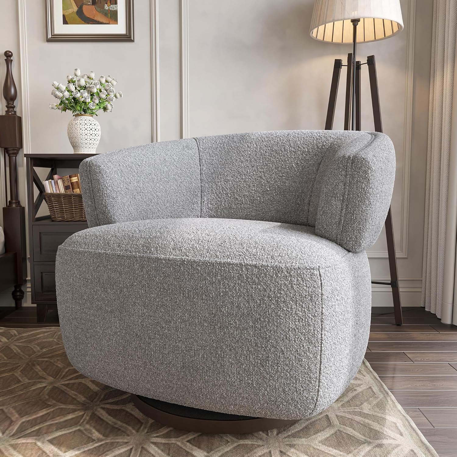RoyalCraft Swivel Accent Chair Set of 2, Fully Assembled Round Barrel Chairs, Oversized Upholstered Armchair with 360-Degree Base, Modern Club Chair for Living Room, Bedroom, Office, Grey