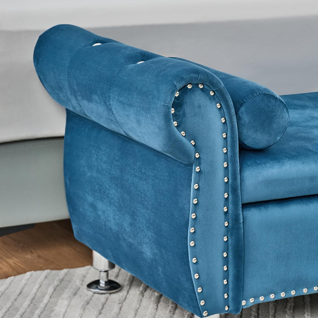 62.2-Inch Soft Velvet Storage Ottoman with Crystal Accents & Cushion, Ideal for Home Decor (Blue)
