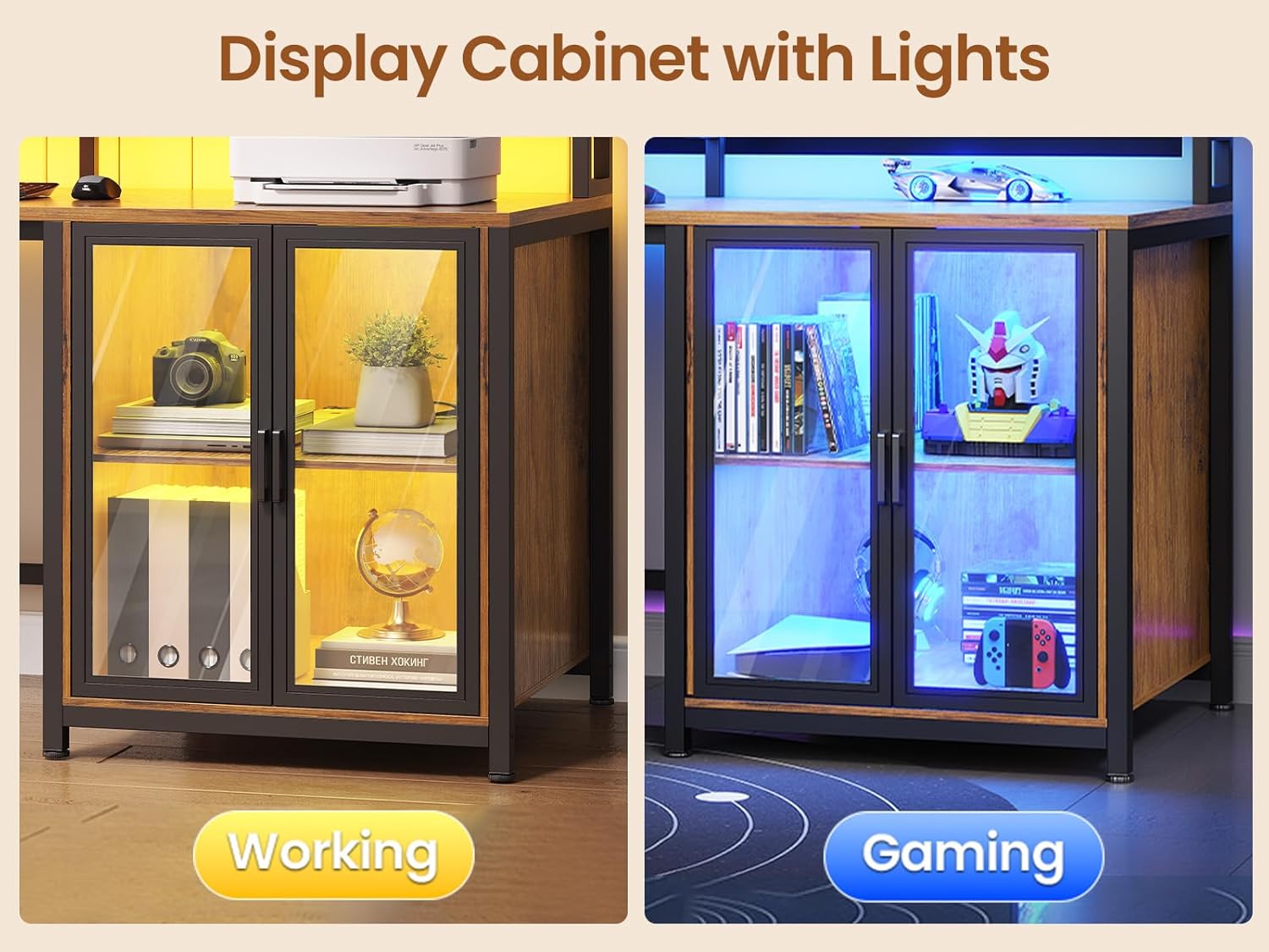 SEDETA L Shaped Gaming Desk with 4 Drawers, 109” Computer Desk with Display Cabinet, Home Office Desks with 2 Monitor Stands, CPU Stand, LED Lights and Power Outlet, Rustic Brown