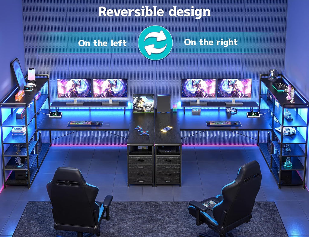 DurayLoly 63" L Shaped Gaming Desk with Monitor Stand & CPU Stand, Reversible Corner Desk with 6-Tier Shelves& 2 Fabric Drawers, Ergonomic Computer Desk with Power Outlet & LED Lights,Black