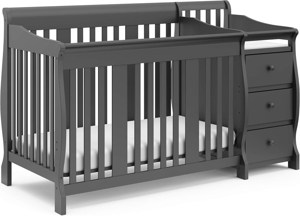 Storkcraft Portofino 5-in-1 Convertible Crib and Changer – Crib and Changing Table Combo with Drawer, Converts to Toddler Bed, Daybed and Full-Size Bed, Storage Drawer (Gray)