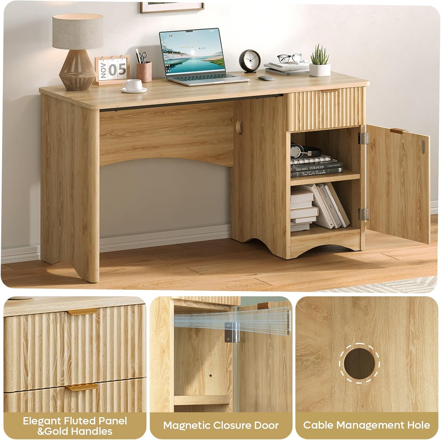 Bestier 47 inch Fluted Computer Desk with Drawer, Office Desk with File Cabinet, Modern Wood Desk with Storage Cabinet for Home Office Bedroom Study, Natual Oak
