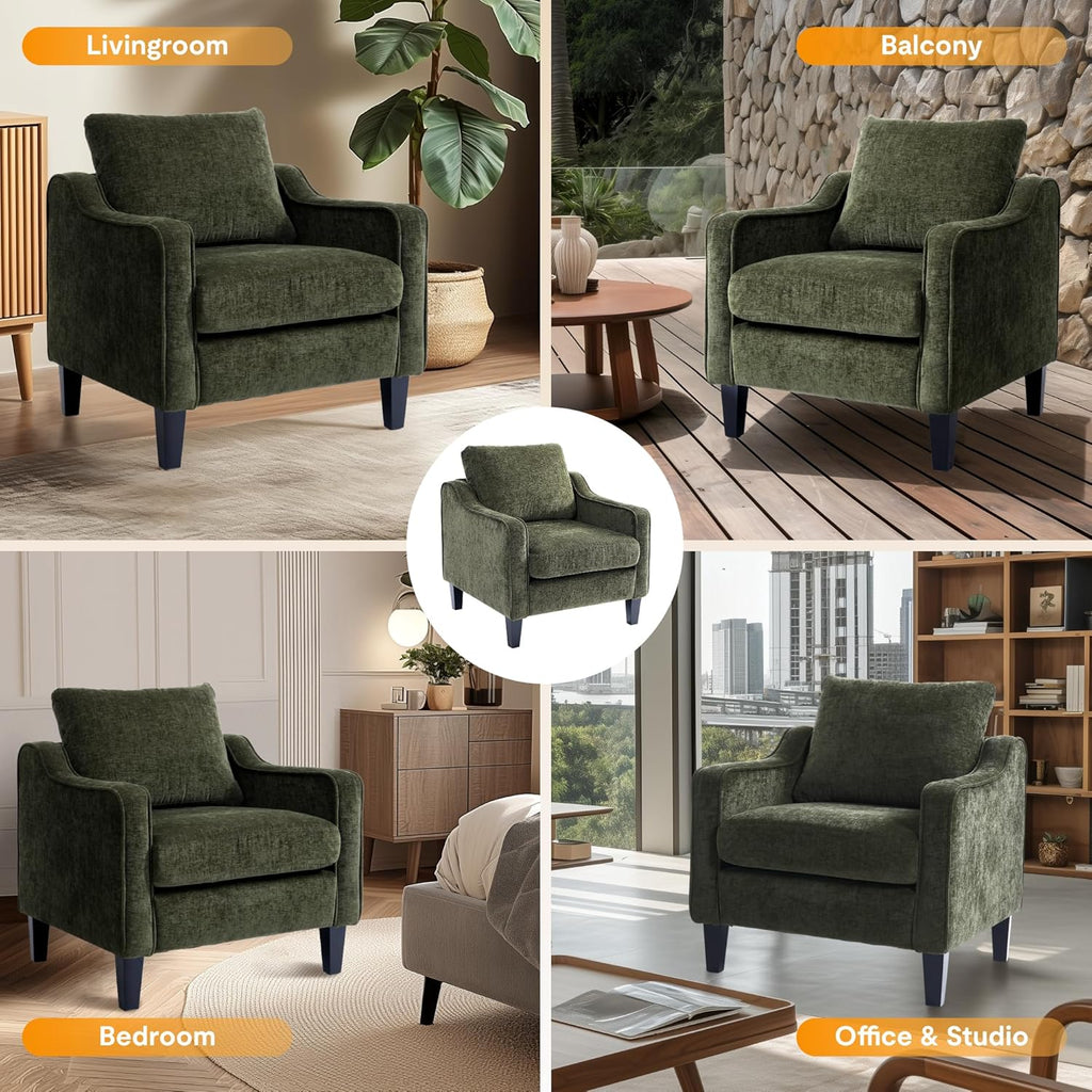 FLEXISPOT AC2 Accent Chairs Set of 2, Mid Century Modern Chenille Upholstered Armchairs with Padded Back, Comfy Reading Chairs for Living Room, Bedroom, Office & Small Spaces, Green