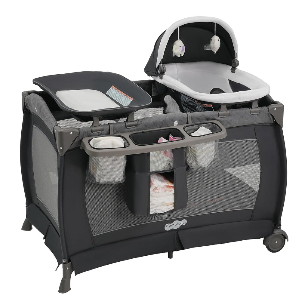 Pamo Babe Pack and Play 4 in 1 Playard Portable Playard Foldable Playpen for Baby and Toddler Portable Crib Mattress Diaper Changer for Newborn (Grey)