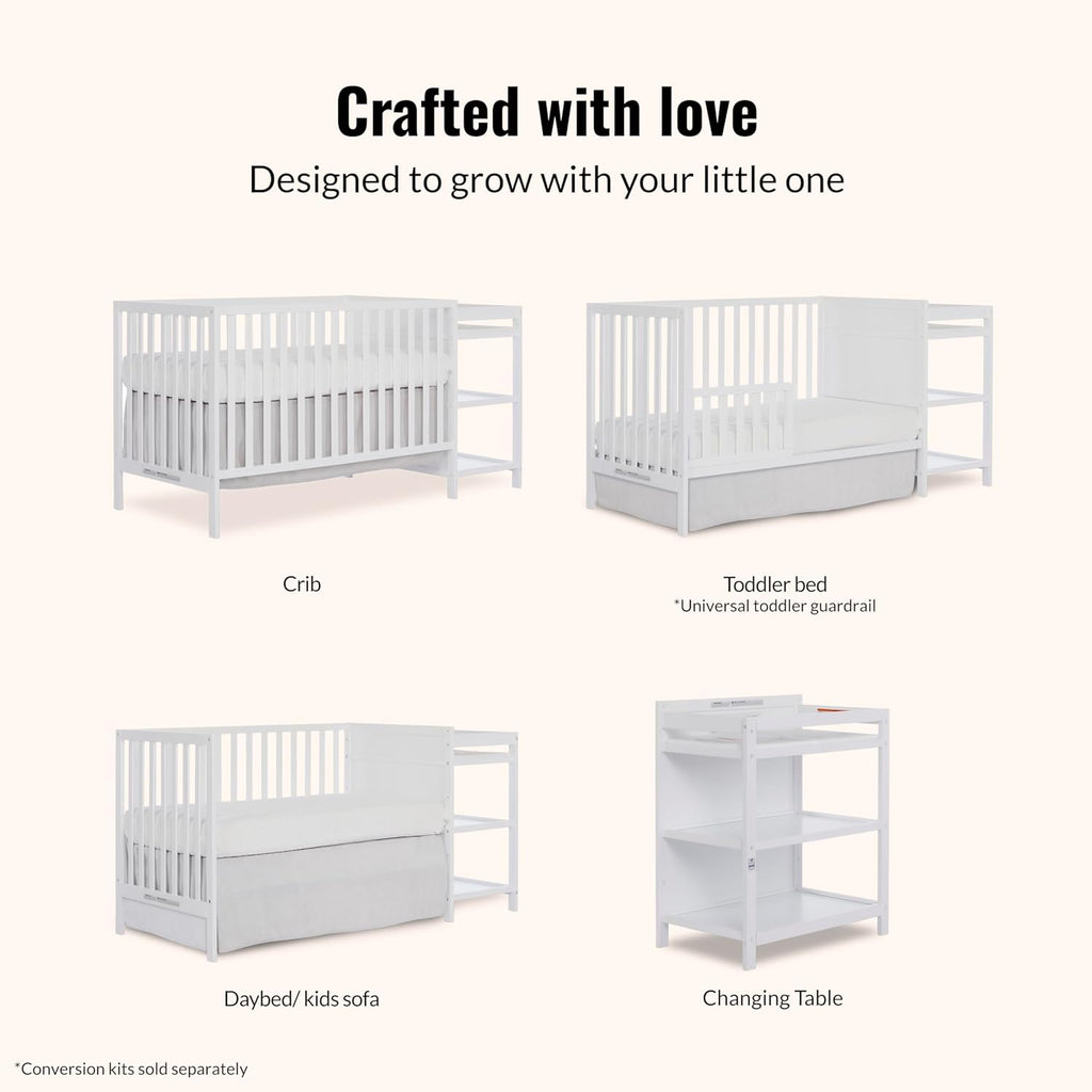 Dream On Me Synergy 3-in-1 Convertible Full-Size Baby Crib & Changer, White, Open Storage, GreenGuard Gold & JPMA, Pinewood, Converts to Day & Toddler Bed, 4 Mattress Heights, 1″ Changing Pad,