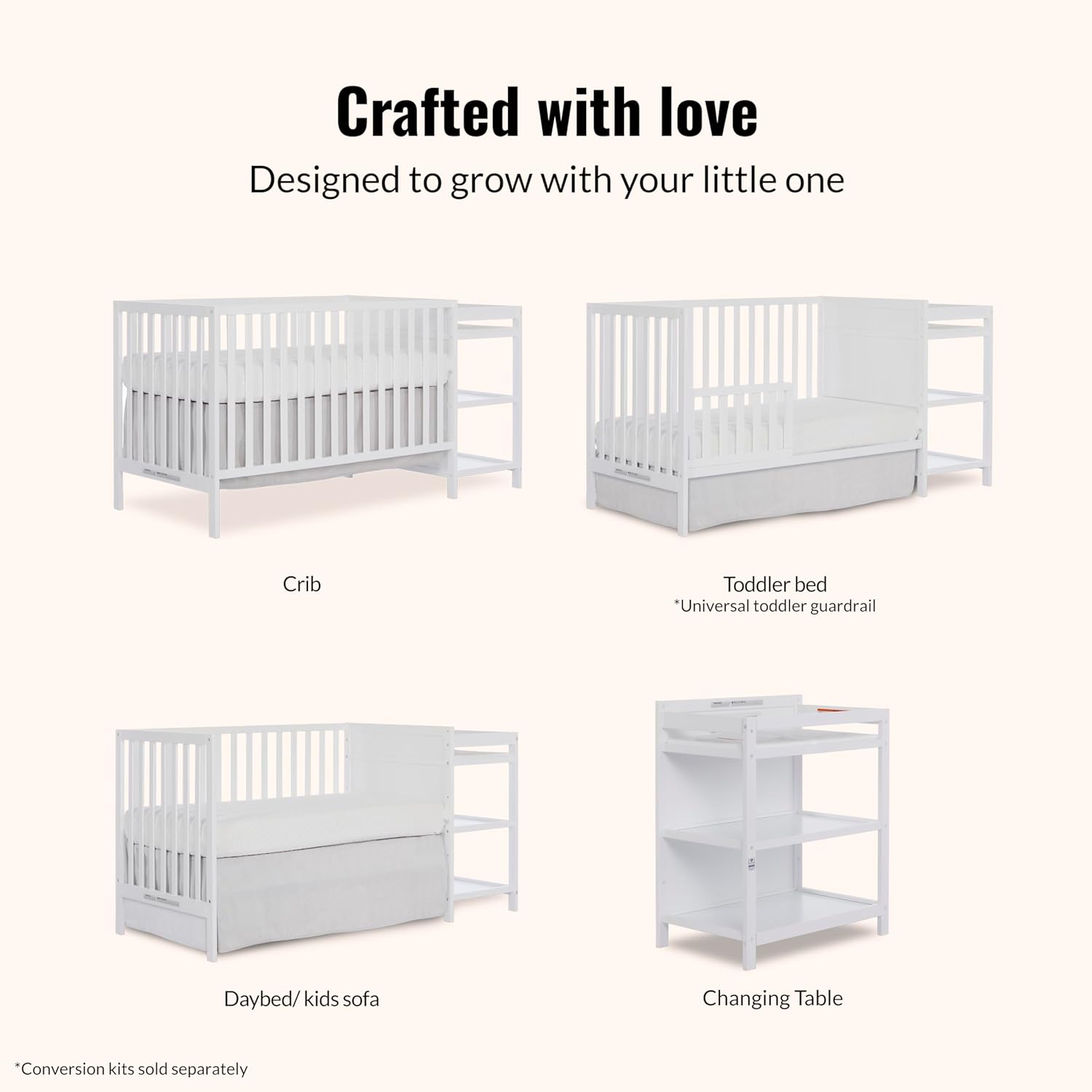 Dream On Me Synergy 3-in-1 Convertible Full-Size Baby Crib & Changer, White, Open Storage, GreenGuard Gold & JPMA, Pinewood, Converts to Day & Toddler Bed, 4 Mattress Heights, 1″ Changing Pad,
