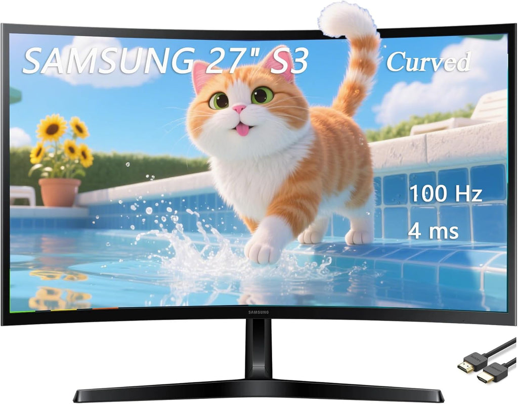 Samsung 27" Essential S3 Series LED Curved Monitor, FHD 1800R, Game Mode, Dual Ports, Eye Comfort, 100Hz, Black, with GSF HDMI Cable