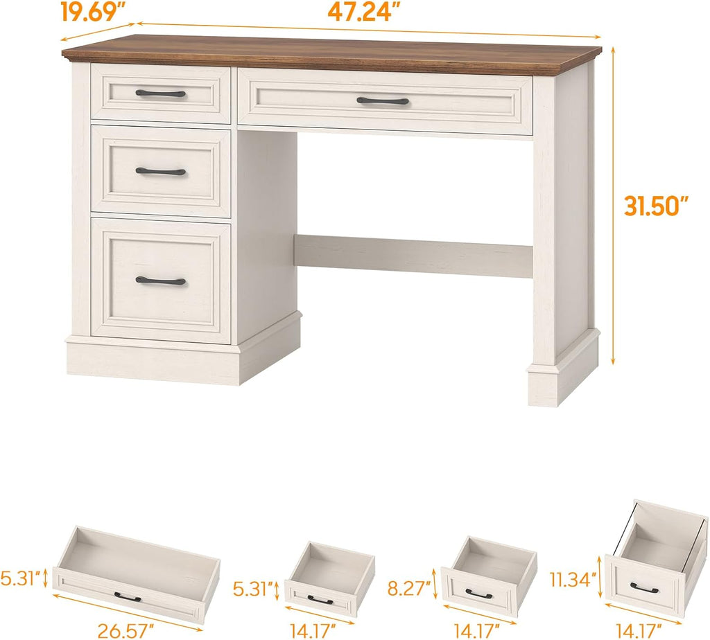 Vabches Farmhouse 47" Executive Desk with 3 Drawers and Adjustable File Drawer, Workstation Computer Desk for Home Office, Study, Unique White.