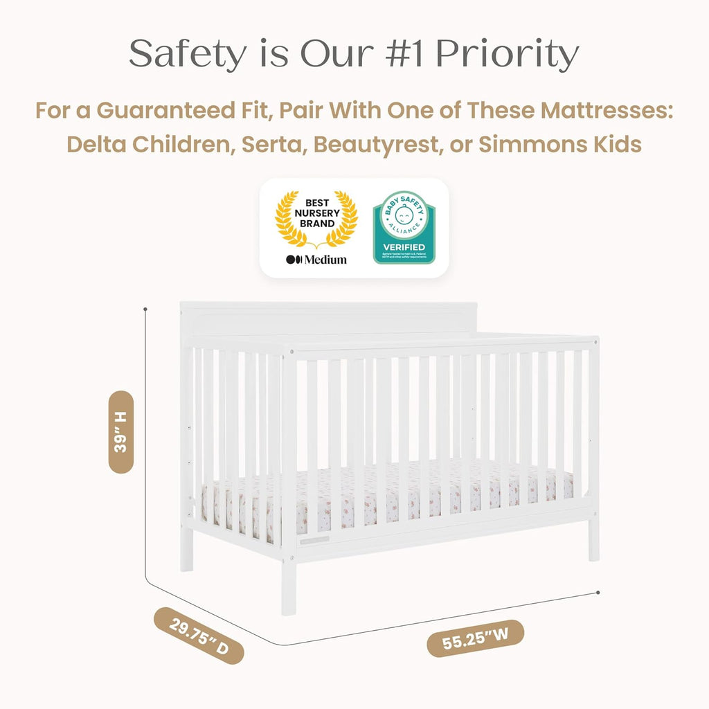 Delta Children Isabelle 6-in-1 Convertible Crib, Converts to Toddler Bed, Daybed, Sofa & Full Bed With/Without Footbaord, Fits Standard Crib Mattress, 3 Mattress Heights for Baby Nursery, Bianca White