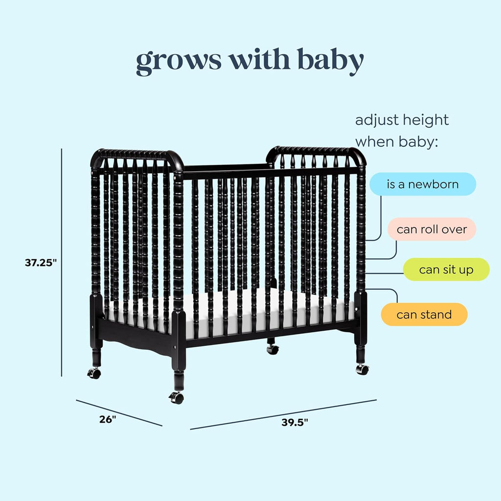 Davinci Jenny Lind 3-in-1 Convertible Mini Crib in Ebony, Removable Wheels, Greenguard Gold Certified