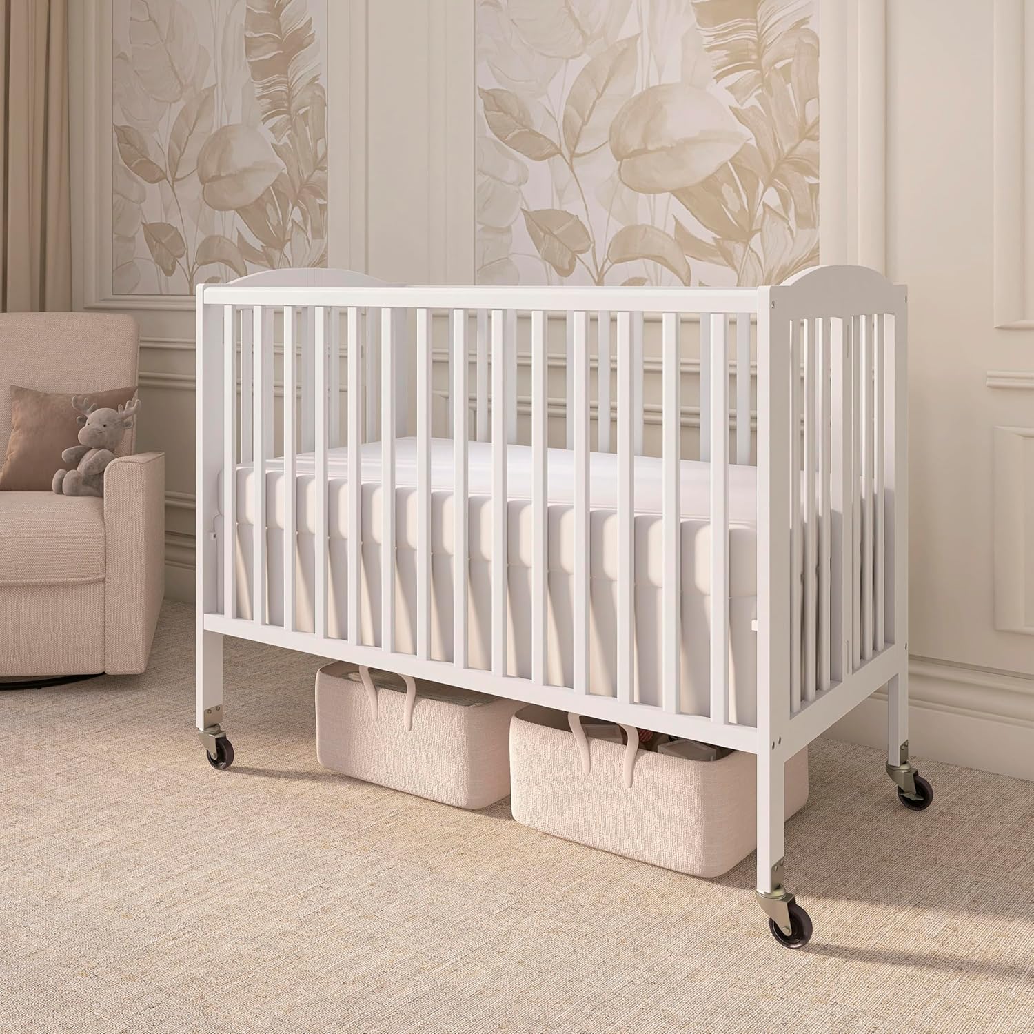Dream On Me Folding Full Size Convenience Baby Crib with Durable Metal Wheels, Portable Space-Saving Design, 2 Adjustable Heights, Easy Fold Flat Storage, GREENGUARD Gold & BSA Certified, White