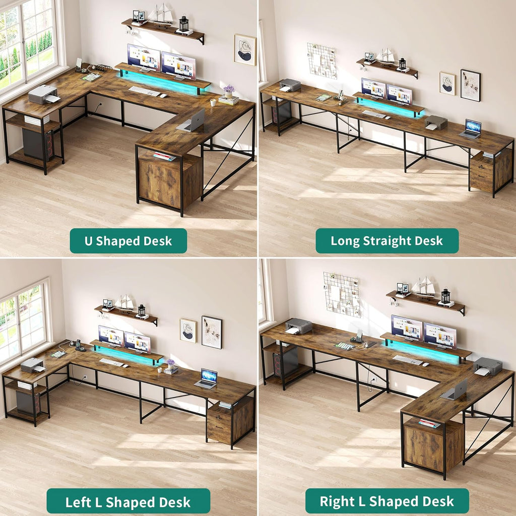 YITAHOME U Shaped Desk with Power Outlets & LED Lights, 79" Reversible L Shaped Desk with Drawers, Corner Computer Desk Office Desk with Monitor Stand & Storage Shelves, Rustic Brown