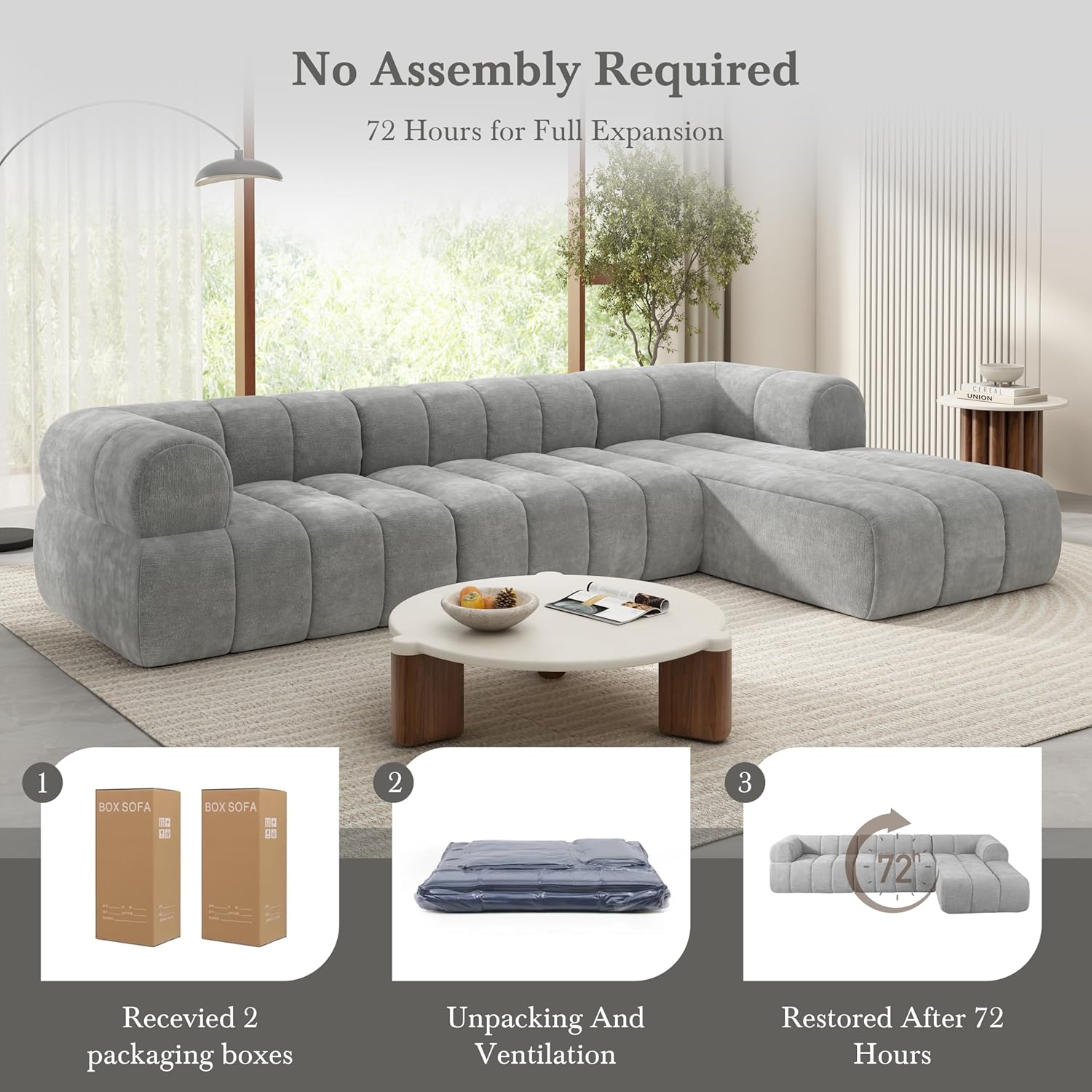 Christopher Knight Home Mania 122" Modular L-Shape Sofa Couch with Chaise Lounge, Modern Sectional Sofa Set for Living Room, Boucle Fabric Upholstered Cloud Couch with Deep Seat, Gray