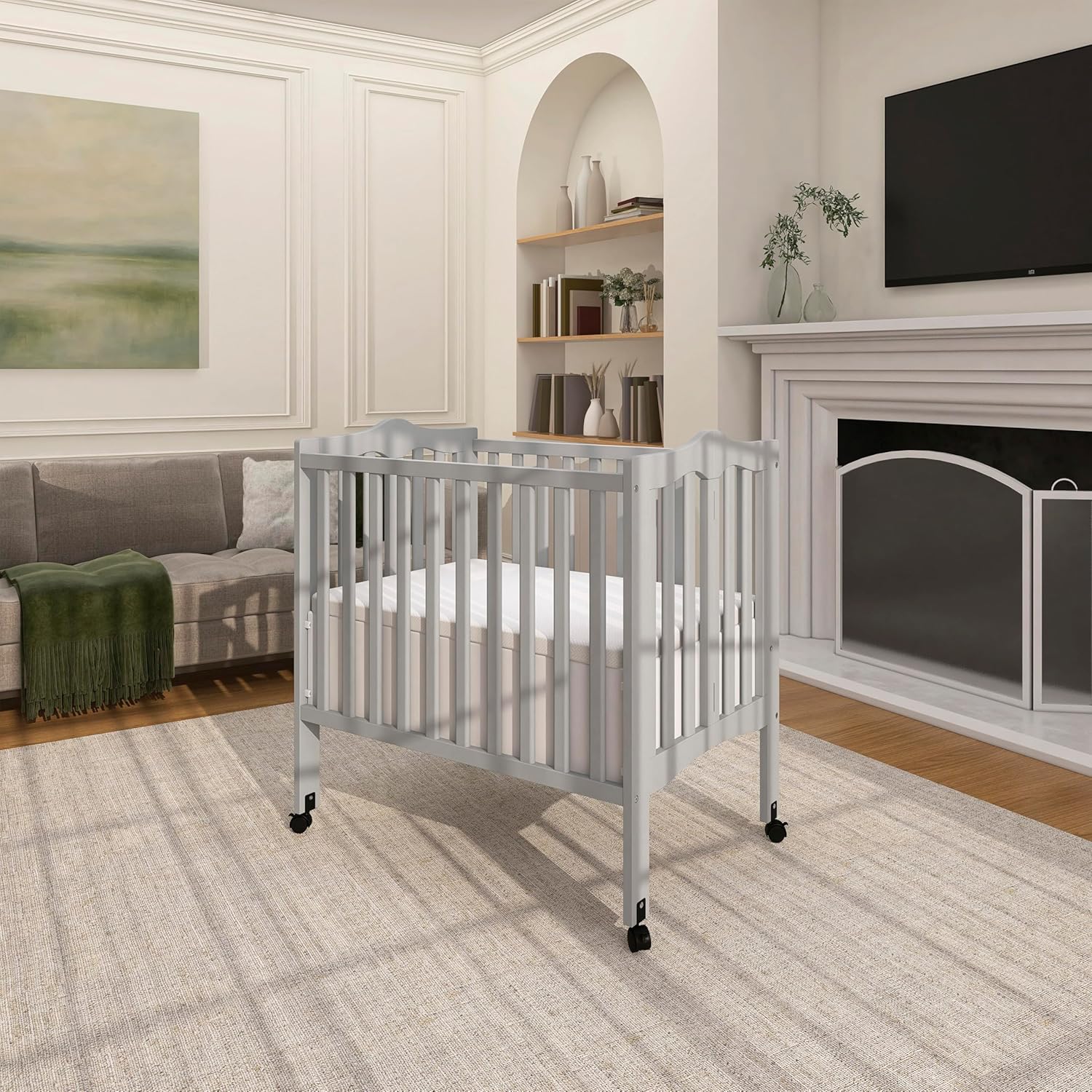 Dream On Me 2-in-1 Lightweight Folding Portable Stationary Side Crib in Pebble Grey, Greenguard Gold Certified, Baby Crib to Playpen, Folds Flat for Storage, Locking Wheels