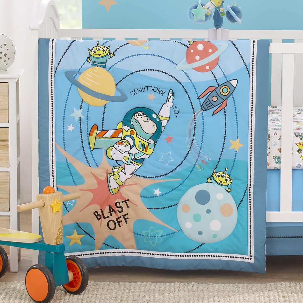 NoJo Disney Toy Story Buzz Lightyear Blue, Orange, and Yellow Countdown to Blast-Off 3 Piece Nursery Crib Bedding Set - Comforter, 100% Cotton Fitted Crib Sheet and Crib Skirt