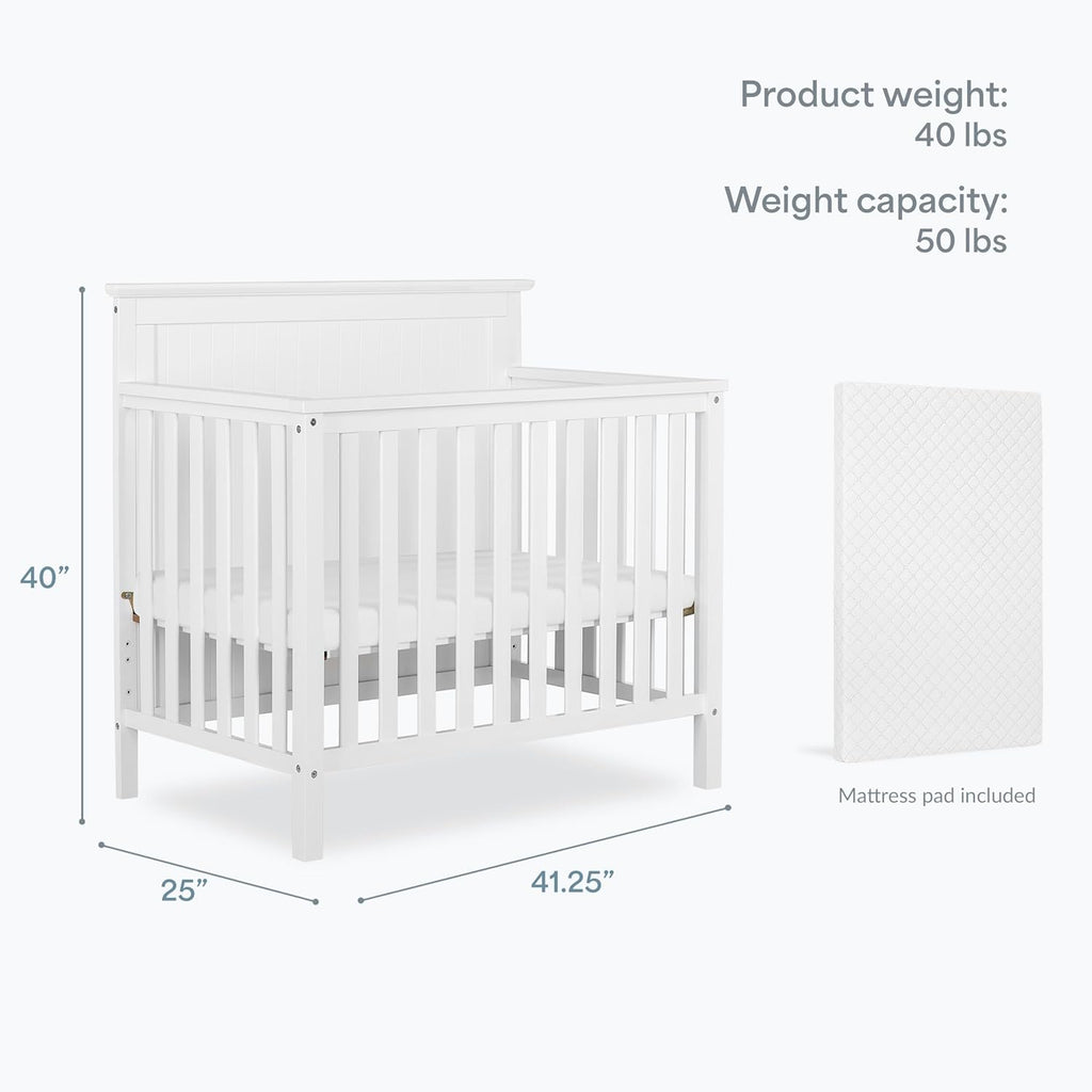 Dream On Me Ava 4-in-1 Mini Baby Crib with Daybed & Twin Bed Conversion in White, GreenGuard Gold & BSA, Non-Toxic Finish, 3-Position Adjustable Height, Includes 1″ Mattress Pad