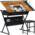 VECELO Drafting Table Art Desk Art Table Adjustable Drawing Table Tilted Tabletop with 2 Storage Drawers and Stool, Drawing Desk for Artist Painters Drawing, Crafting, Reading, Writing, Rustic Brown