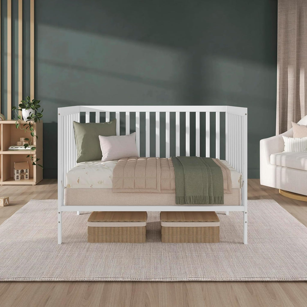 Dream On Me Synergy 5-in-1 Convertible Full-Size Baby Crib with Toddler, Day & Full Bed Conversion in White, GreenGuard Gold & BSA, 3 Mattress Heights, Sustainable Pinewood