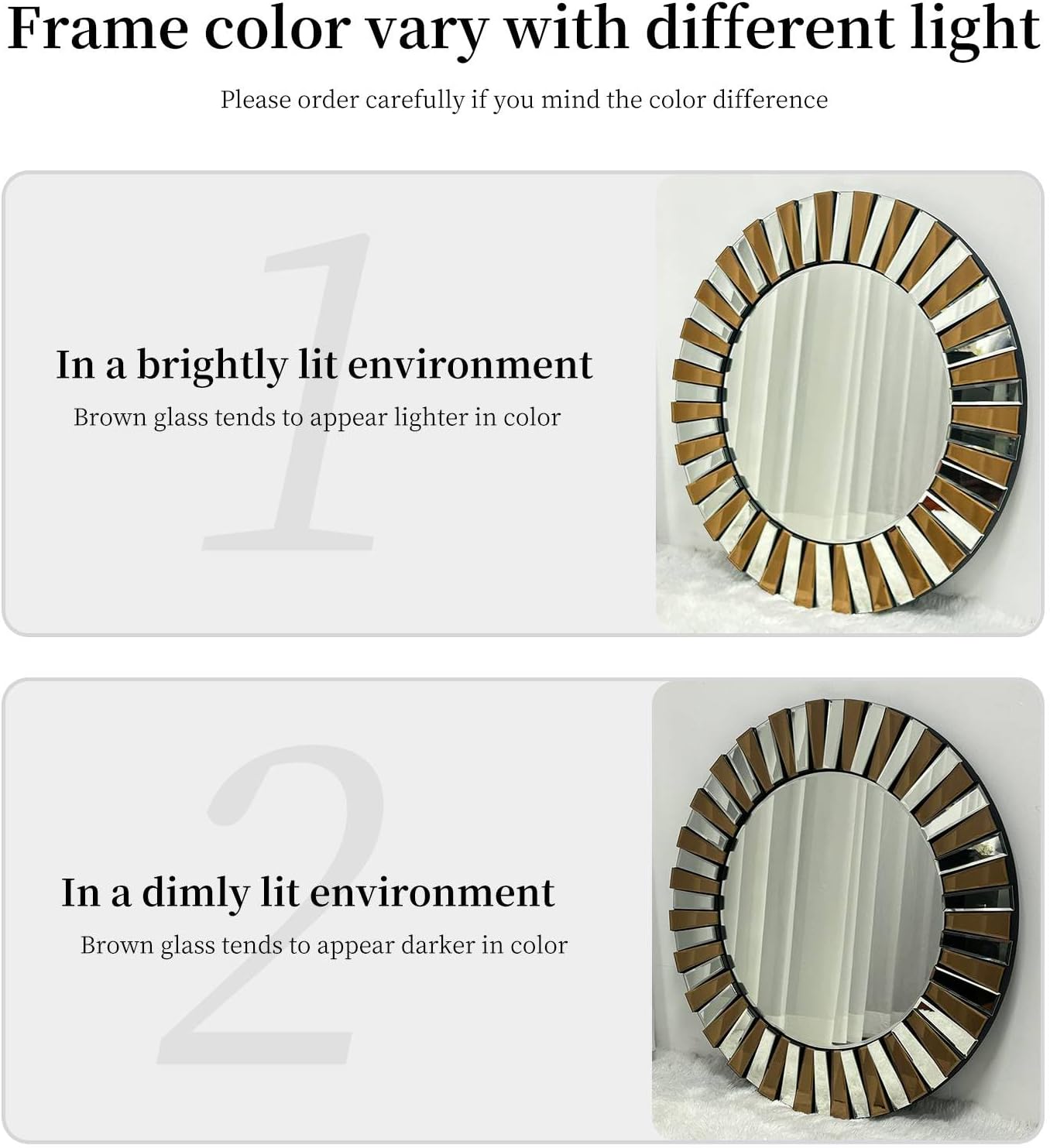 Round Wall Mirror Decorative Sunburst Silver-Brown Crystal Edge 32 inch