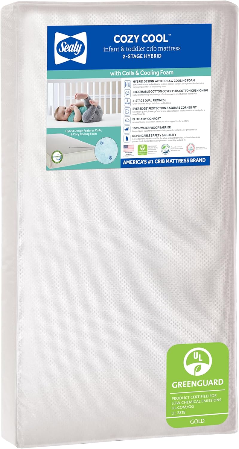Sealy Baby Cozy Cool Hybrid Breathable Crib Mattress, GREENGUARD GOLD Certified, Made in USA, Cooling Foam, 2 Stage, Toddler Bed Fit, 204 Coils & Cotton Cover, Safety & Quality Tested, 52x28"