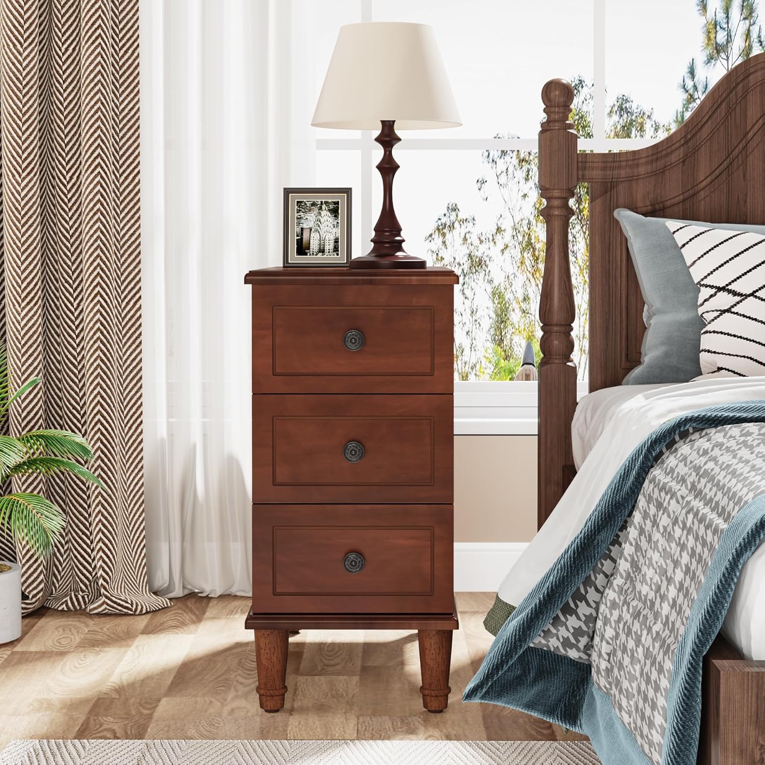Tribesigns Solid Wood End Table Set of 2, Fully Assembled Narrow Side Table with Drawers, Pre-Assembled Nightstand Slim Bedside Table for Small Spaces, Living Room, Bedroom, Brown