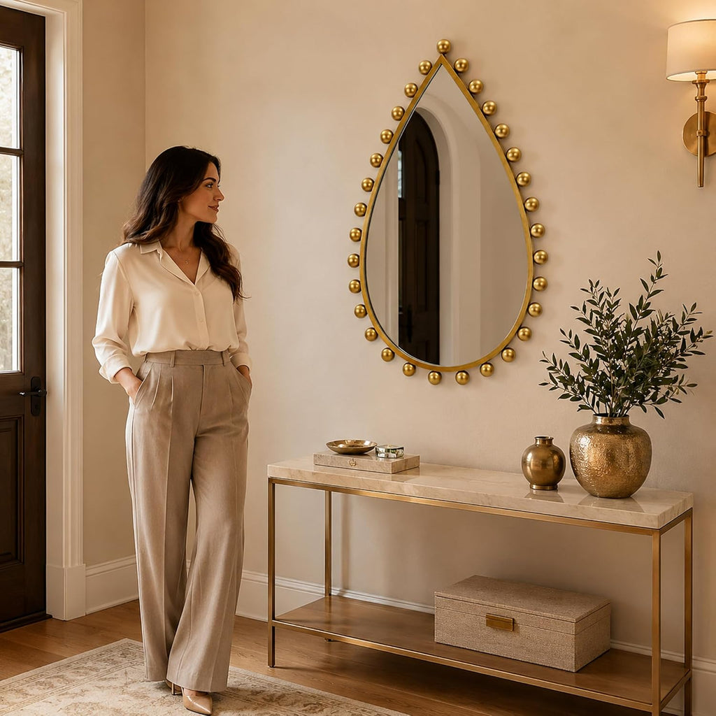 Antique Gold Teardrop Mirror Unique with Ball Frame – 24"x36" Beaded Large Decorative Ornate Wall Mirror for Bathroom, Bedroom, Living Room, Hallway