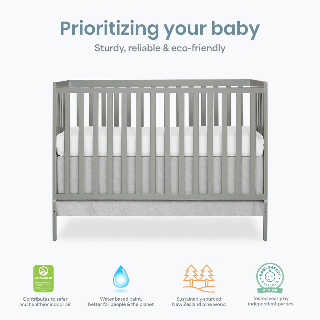 Dream On Me Synergy 5-in-1 Convertible Full-Size Baby Crib with Toddler, Day & Full Bed Conversion in Cool Grey, GreenGuard Gold & BSA, 3 Mattress Heights, Sustainable Pinewood