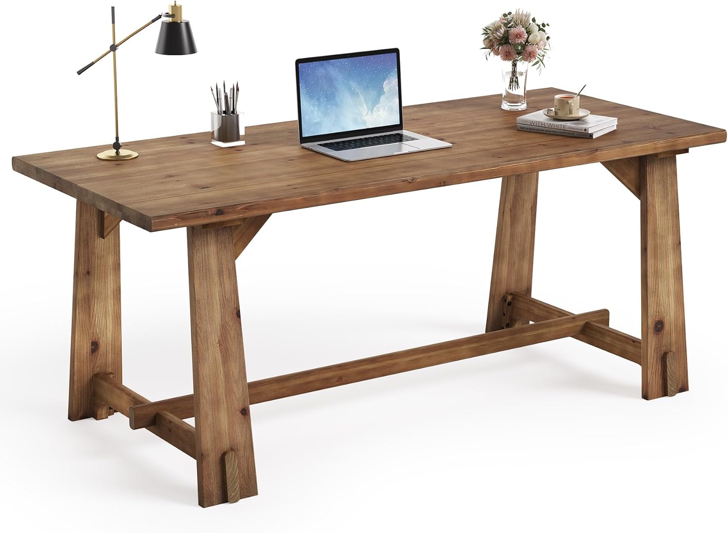 LITTLE TREE 63" Solid Wood Office Desk, Farmhouse Executive Computer Desk, Large Work Writing Table, Rustic Brown Home Office Workstaticon, Business Furniture