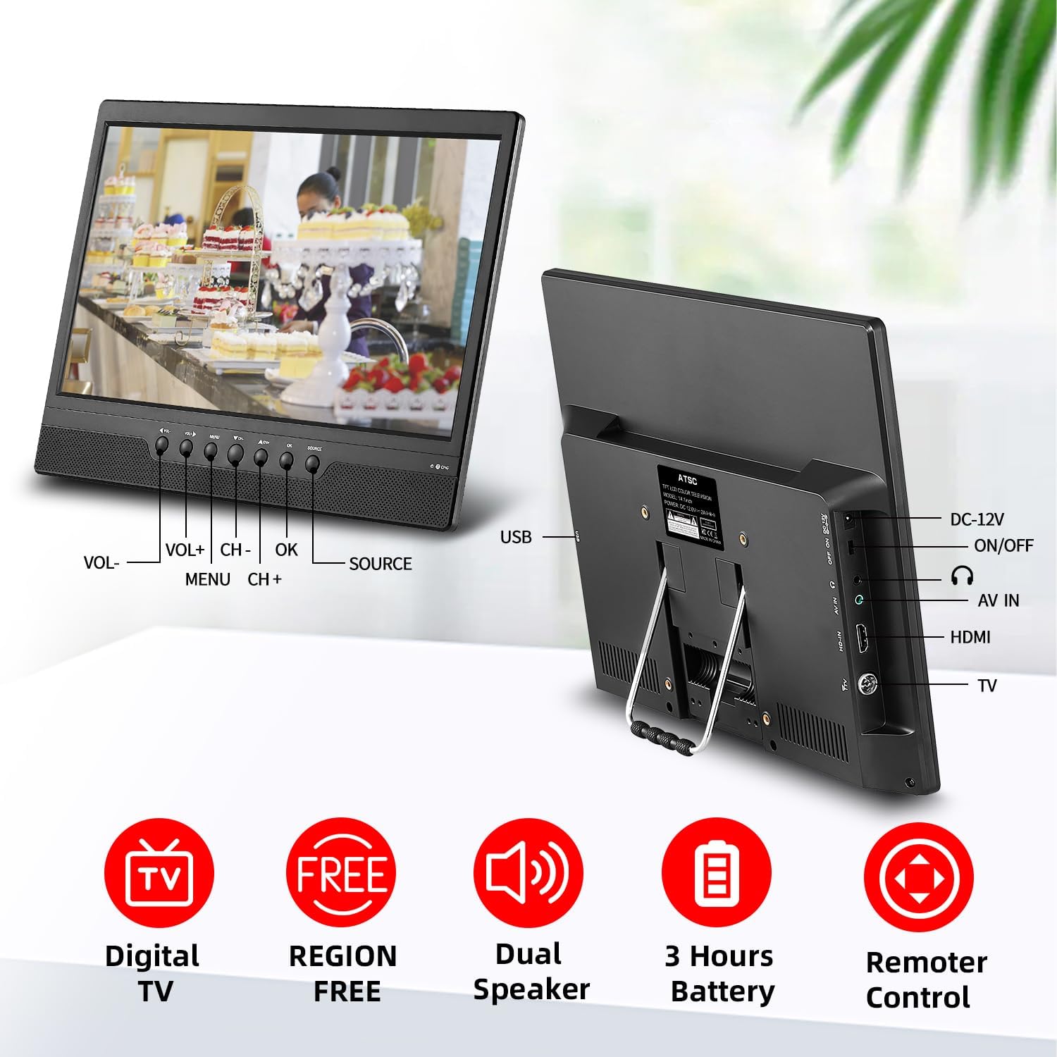 othoig 14inch Small Portable TV with Rechargeable Battery-Digital ATSC Tuner-Antenna-and USB/HDMI/AV Slot in,Car-12 Volt/AC- for Kitchens,RVs and Camping(NO with WiFi/Bluetooth/Satellite)