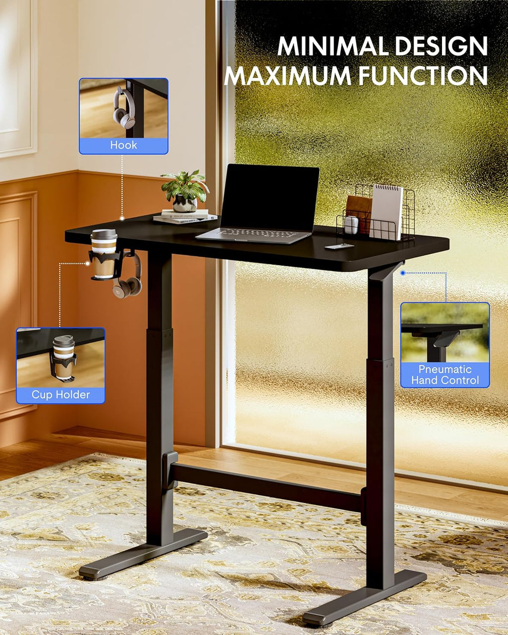 FLEXISPOT H7 Plus Gas Spring Adjustable Standing Desk, Mobile Rolling Sit-Stand Table with Wheels, Cordless Stand Up Desk for Small Spaces & Home Office, 40" One-Piece Desktop Black,Height 27.6"–45"