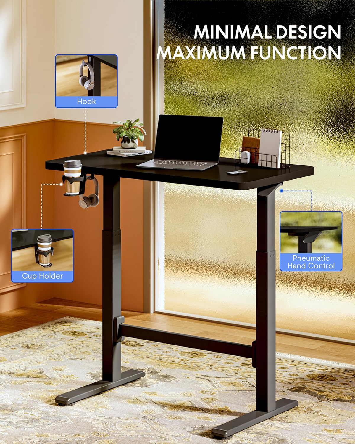 FLEXISPOT H7 Plus Gas Spring Adjustable Standing Desk, Mobile Rolling Sit-Stand Table with Wheels, Cordless Stand Up Desk for Small Spaces & Home Office, 40" One-Piece Desktop Black,Height 27.6"–45"