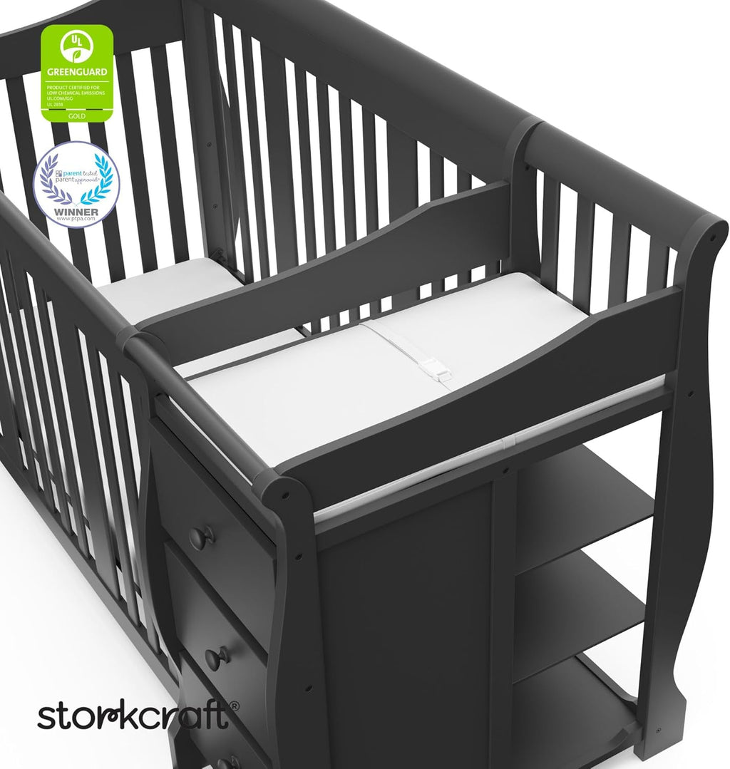 Storkcraft Portofino 5-in-1 Convertible Crib and Changer – Crib and Changing Table Combo with Drawer, Converts to Toddler Bed, Daybed and Full-Size Bed, Storage Drawer (Gray)