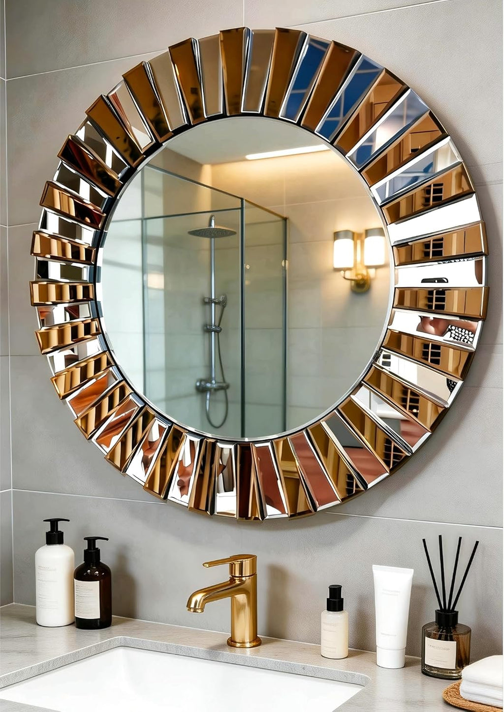 Round Wall Mirror Decorative Sunburst Silver-Brown Crystal Edge 32 inch