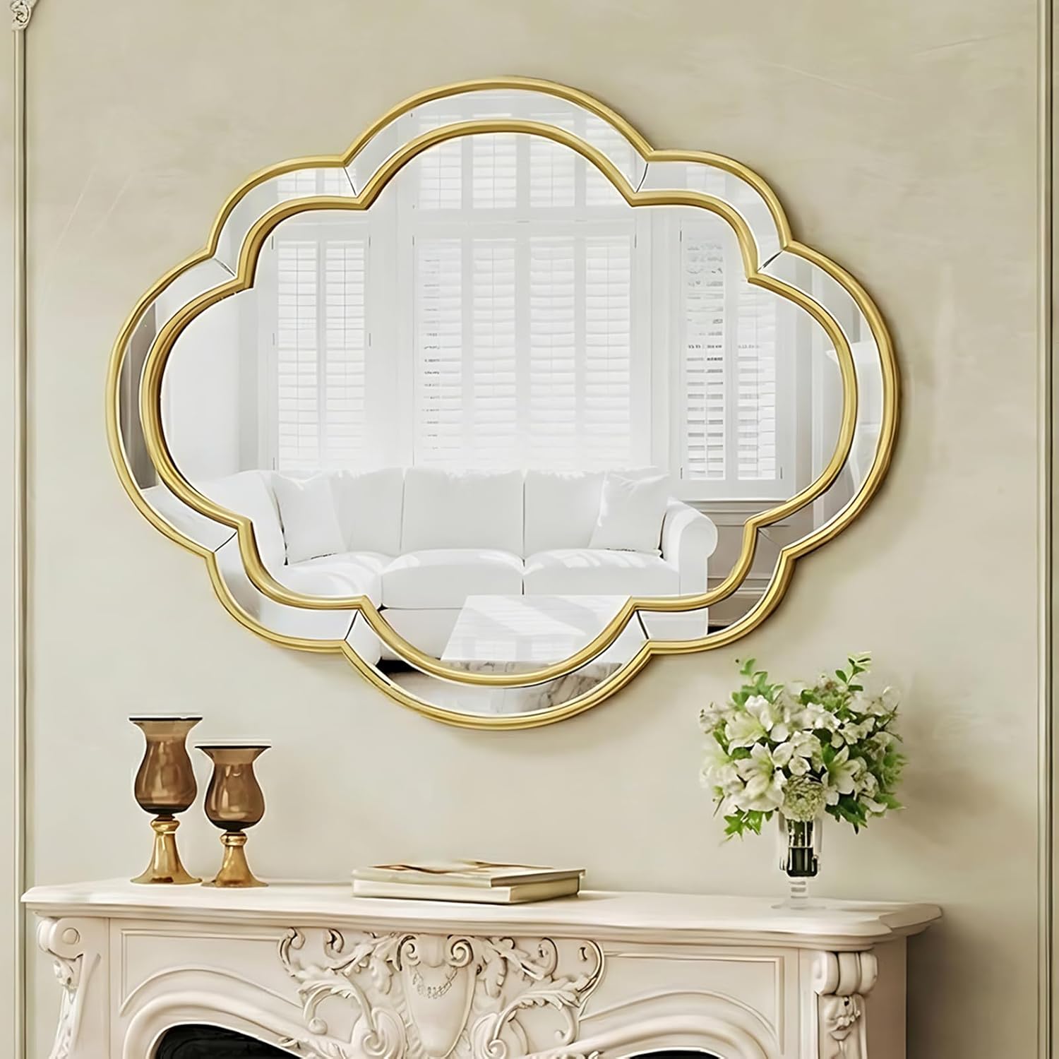 CozyDH Gold Scalloped Wall Mirror Decor - 32"x24" Decorative Wavy Mirror Large, Decorative Wall Art for Bathroom Entryway Fireplace Living Room Bedroom Hallway
