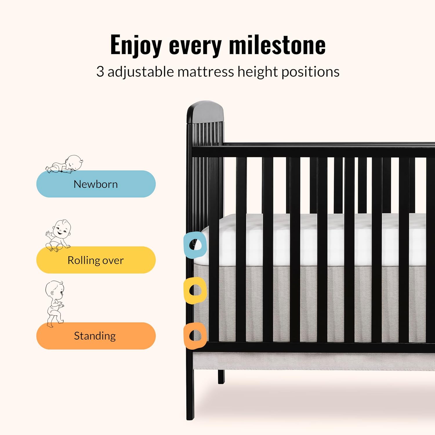 Dream On Me Anna 3-in-1 Convertible Full-Size Baby Crib & Changer with Storage in Black, GreenGuard Gold & BSA, Pinewood, Converts to Day & Toddler Bed, 3 Mattress Heights, 1″ Changing Pad
