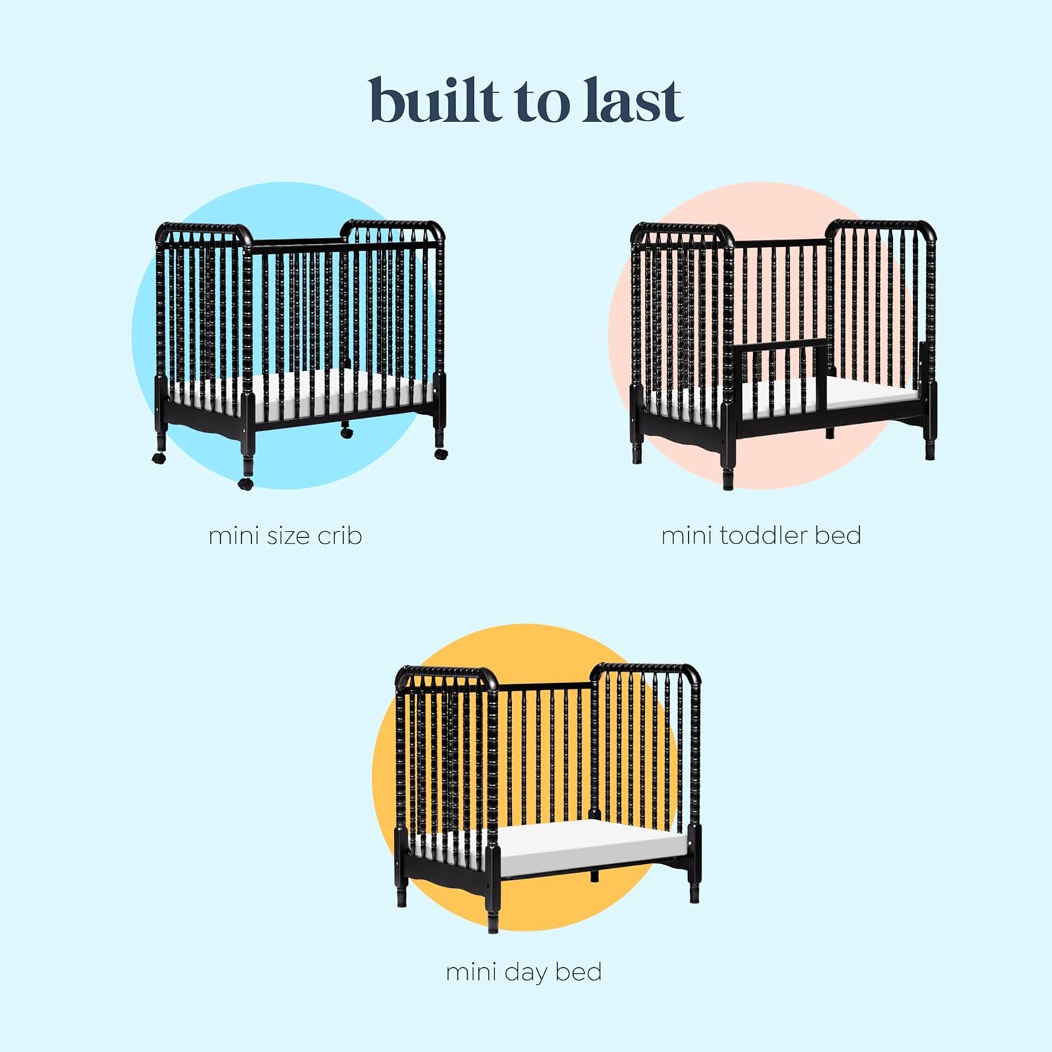 Davinci Jenny Lind 3-in-1 Convertible Mini Crib in Ebony, Removable Wheels, Greenguard Gold Certified