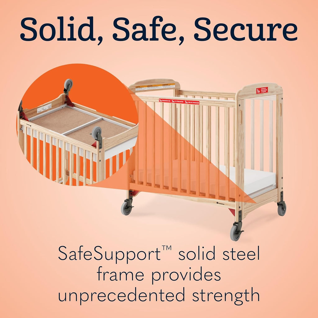 Foundations First Responder Evacuation Fixed-Side Daycare Crib, Features Clearview Panels, Includes Evacuation Frame, 4" Casters, and 3-inch Ultradurable Foam Mattress, Natural