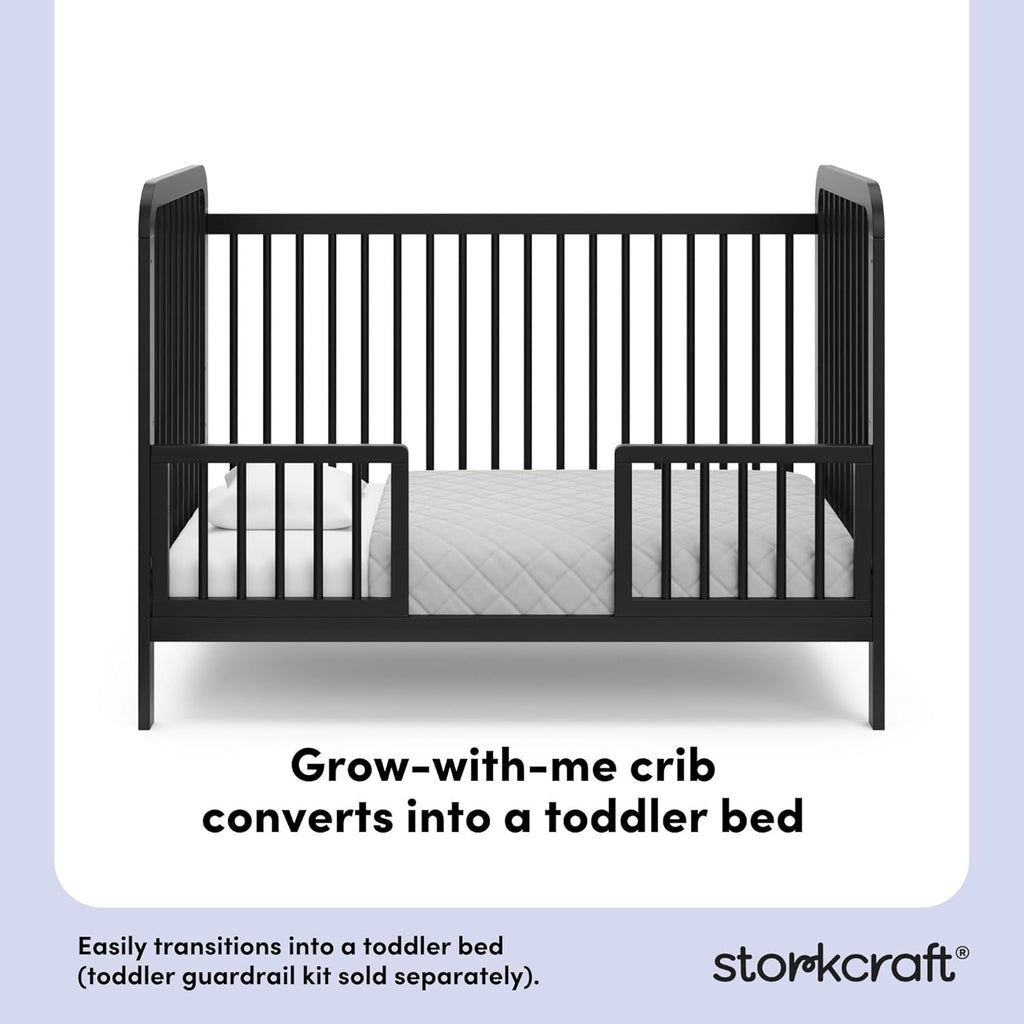 Storkcraft Pasadena 3-in-1 Convertible Crib – GREENGUARD Gold Certified, 100% Solid Wood, Fits Standard Crib Mattress, Converts to Toddler Bed and Daybed, 4 Mattress Heights (Black)