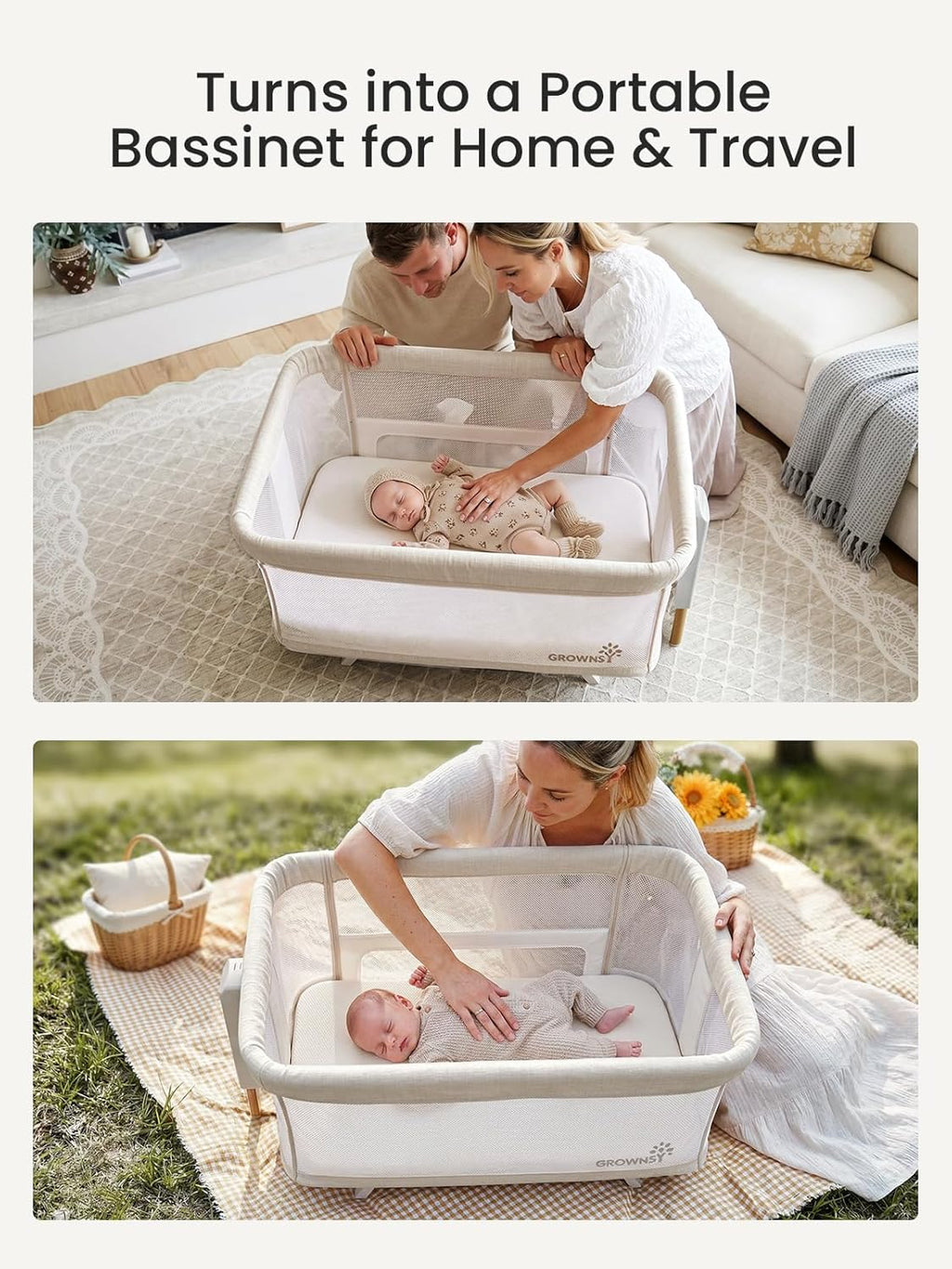 GROWNSY 5-in-1 Baby Bassinet Bedside Sleeper with Gentle Rocking Mode, 6 Adjustable Heights, Full Breathable Mesh, Convertible to Portable Crib, Bassinets with Mattress & Wheels, Beige