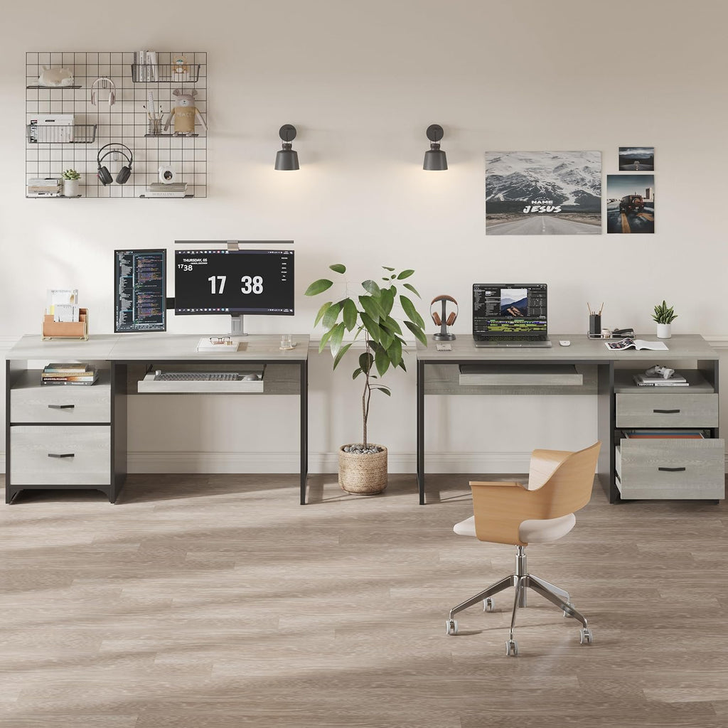 Bestier Office Desk with Drawers, 55 inch Industrial Computer Desk with Storage, Wood Teacher Desk with Keyboard Tray & File Drawer for Home Office, Wash White