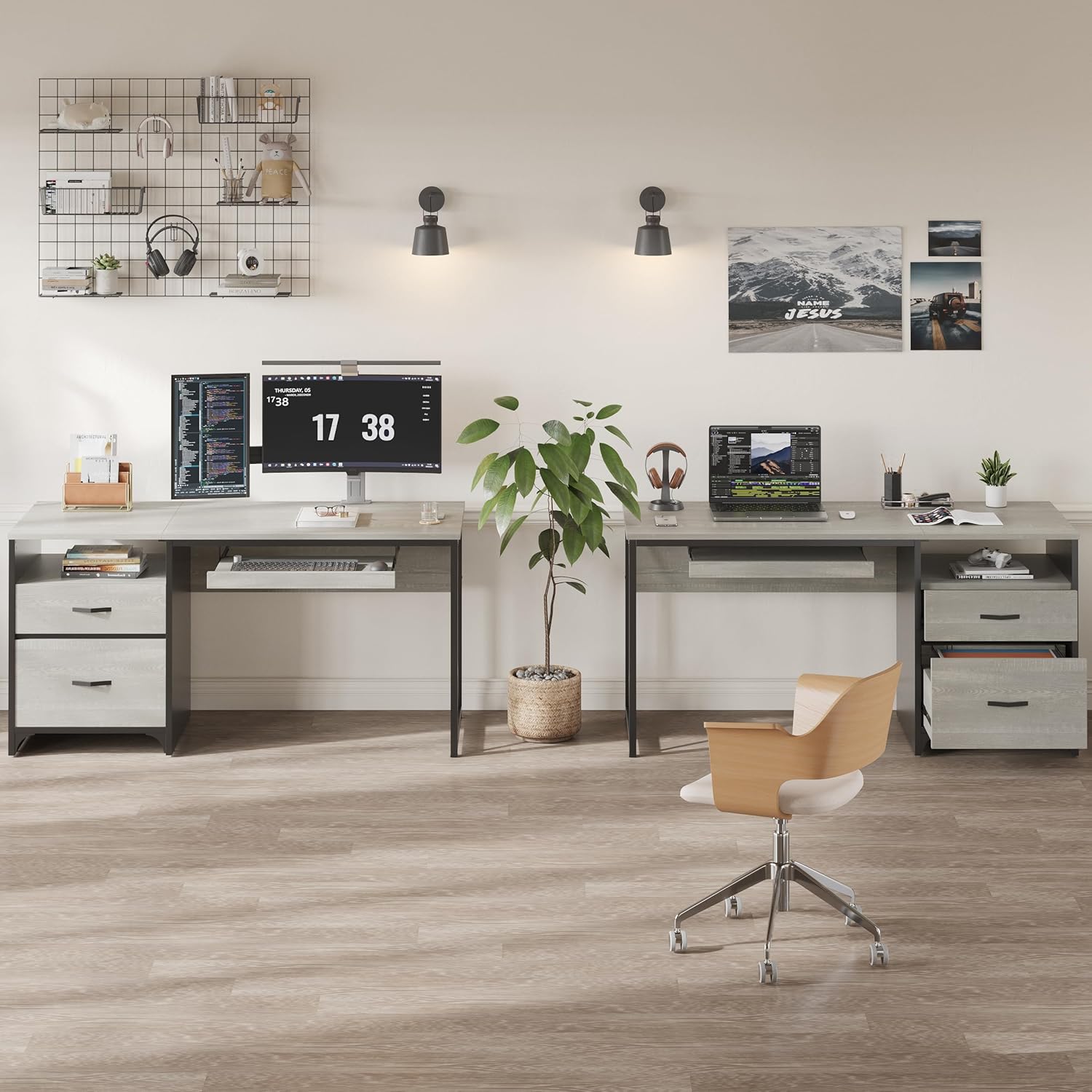 Bestier Office Desk with Drawers, 55 inch Industrial Computer Desk with Storage, Wood Teacher Desk with Keyboard Tray & File Drawer for Home Office, Wash White